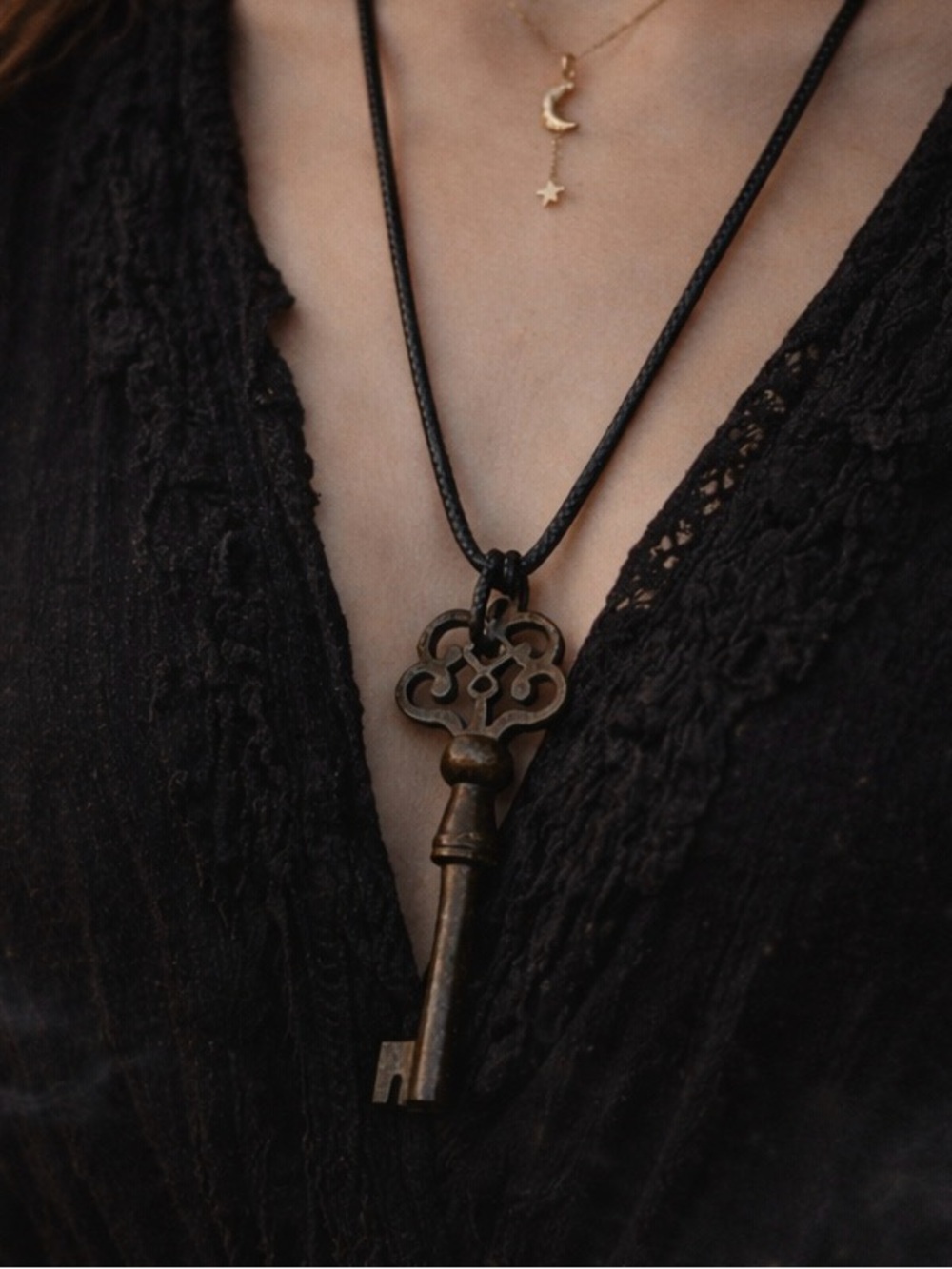 Vintage Key Pendant Necklace in Bronze on Black Cord
